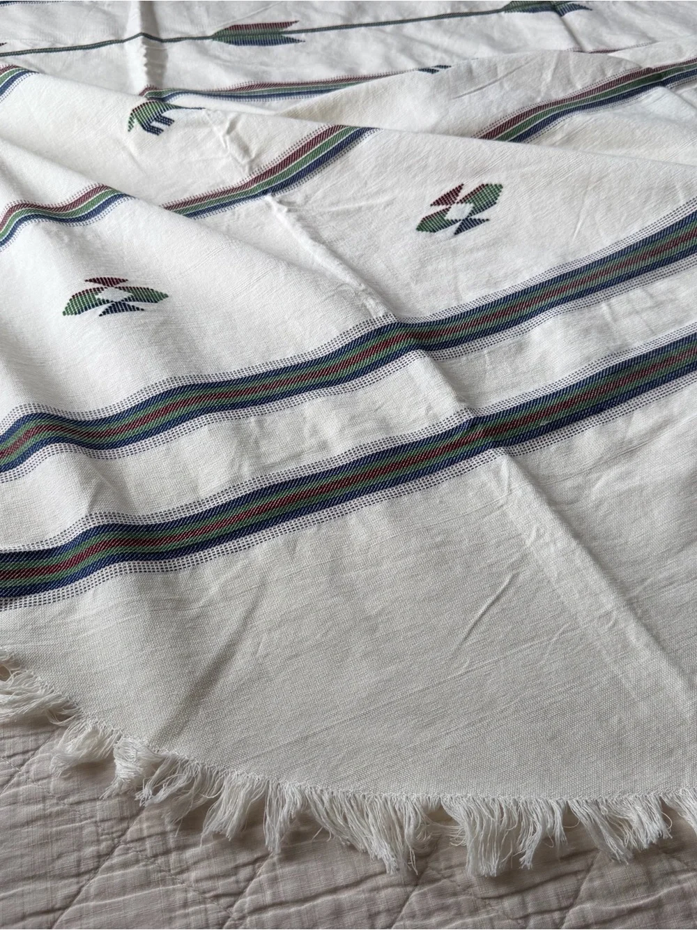 Vintage Folk Embroidered Tablecloth 68x96 Cotton Fringe